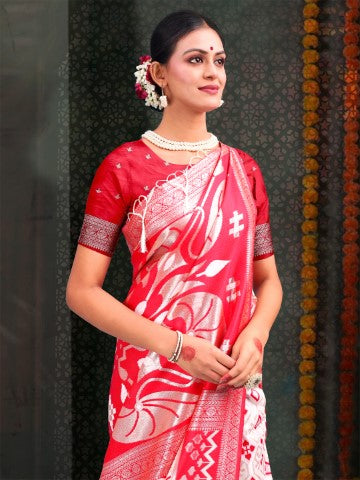 White & Red Linen Cotton Woven Jacquard Designer Saree