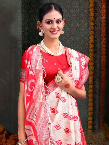 White & Red Linen Cotton Woven Jacquard Designer Saree