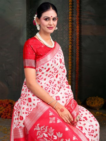 White & Red Linen Cotton Woven Jacquard Designer Saree