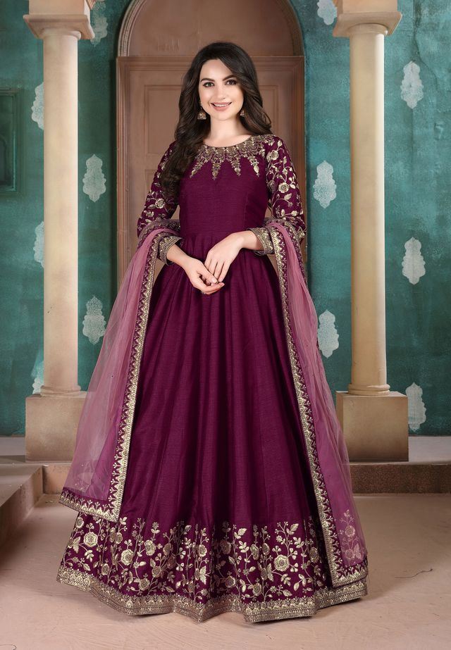 Wine Adda Silk Heavy Embroidery with Embroidered bordered Border Dupatta  Anarkali Suits