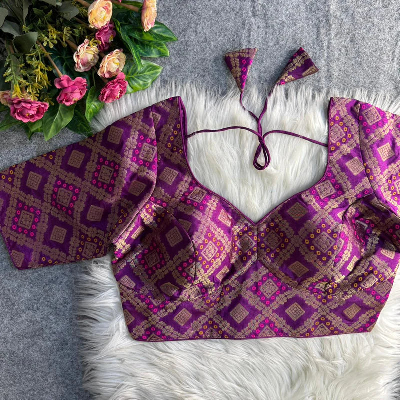 Wine Banarasi Jacquard Patola Designer Blouse  Silk Partywear Readymade Blouse