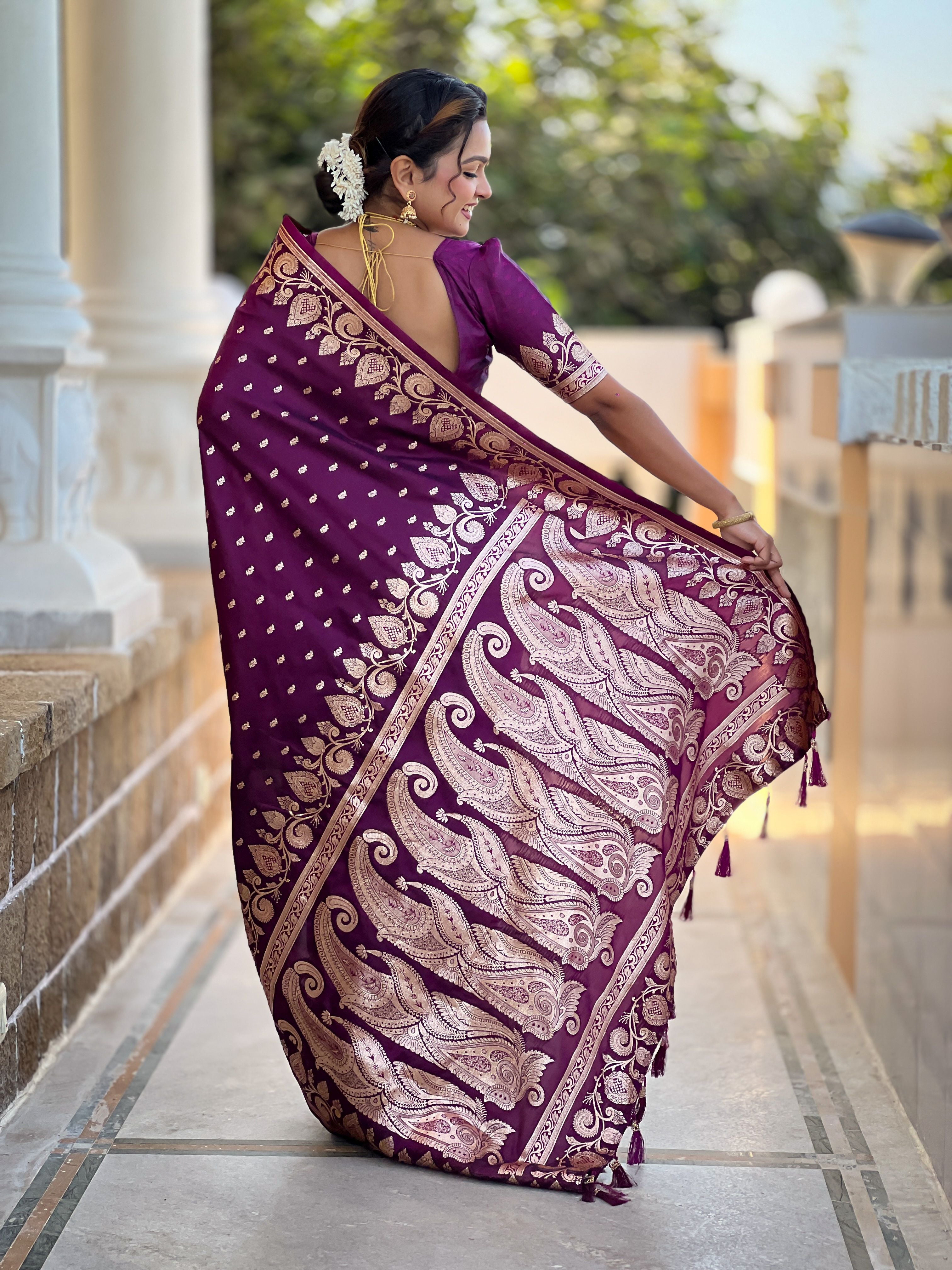 Wine Banarasi Silk Saree With Woven Jacquard Designer Partywear Saree