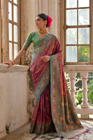Wine Banarasi Silk Saree with Floral Jal and Contrast Pallu