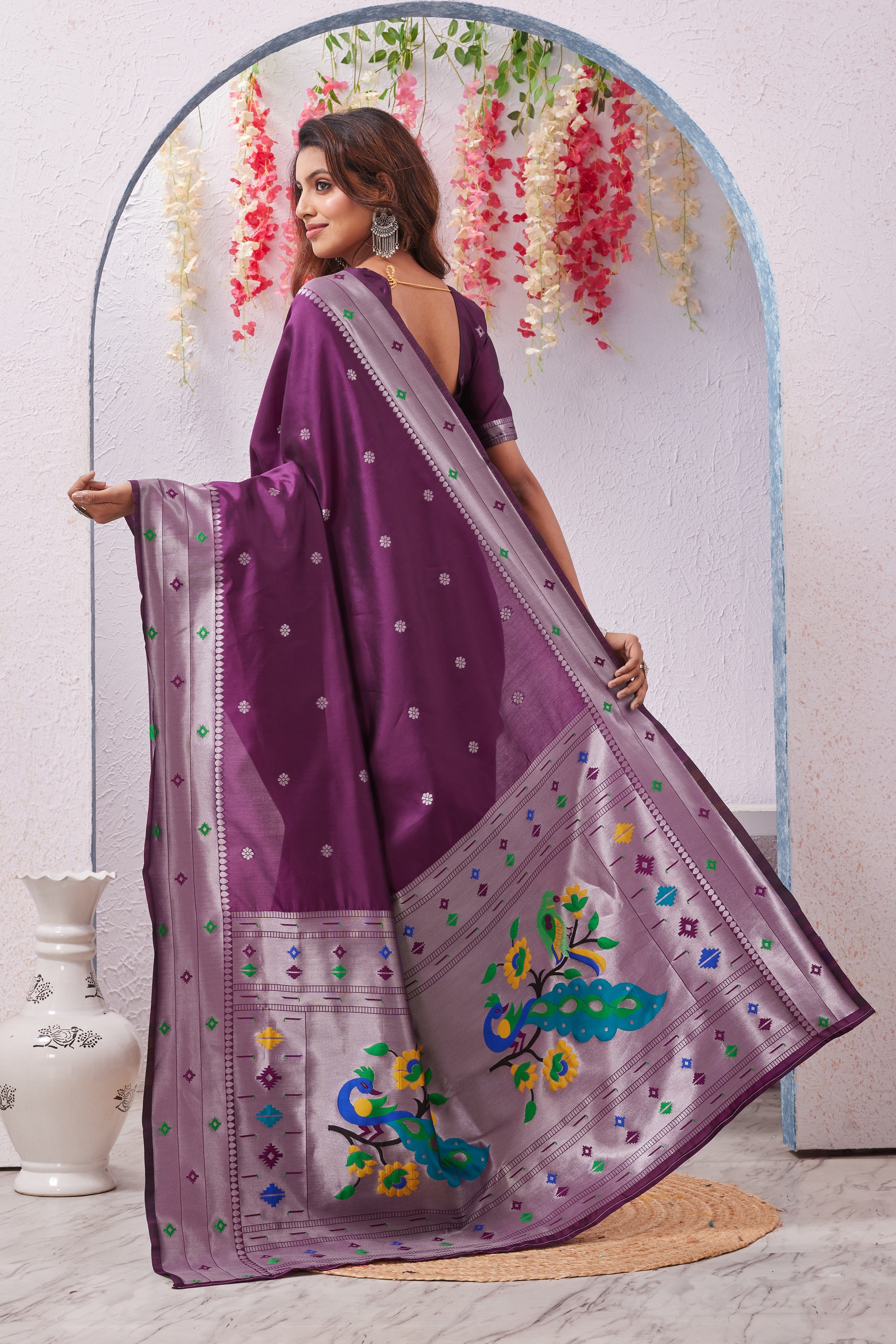 Wine Banarasi Silk Saree with Peacock Motif, Rich Pallu & Jacquard Jari Work