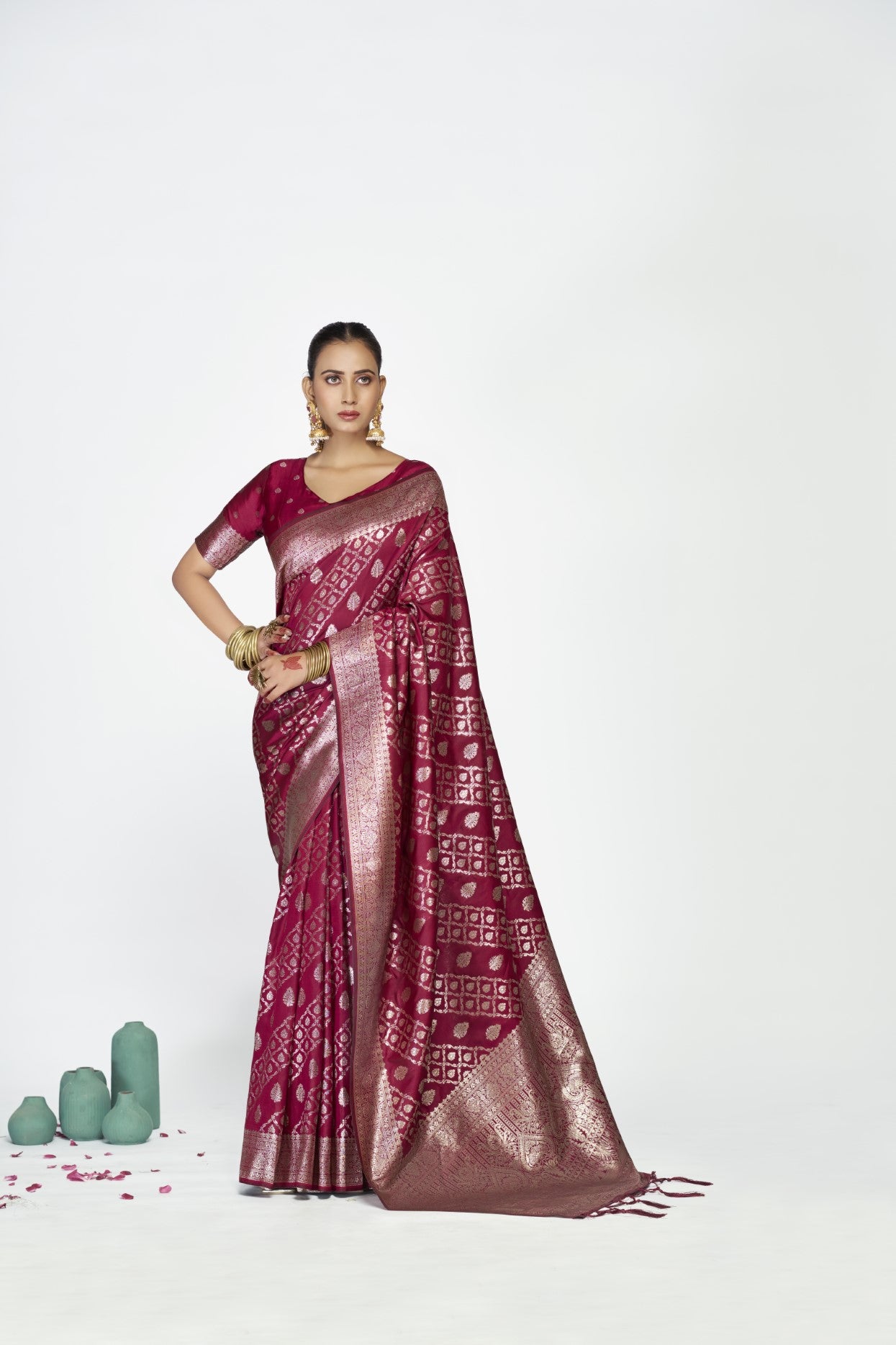 Wine Banarasi Silk Saree with Traditional Weaving