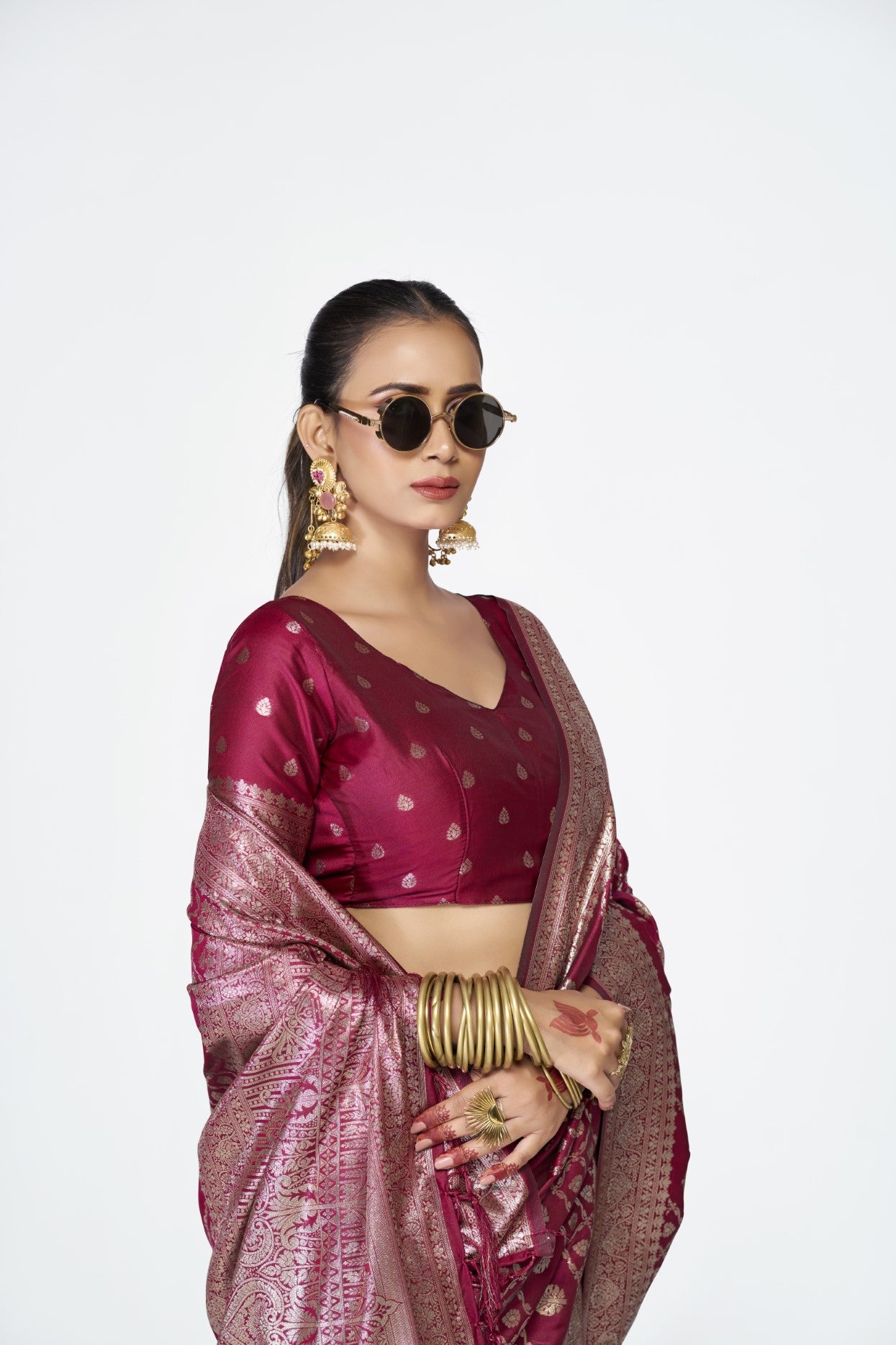 Wine Banarasi Silk Saree with Traditional Weaving