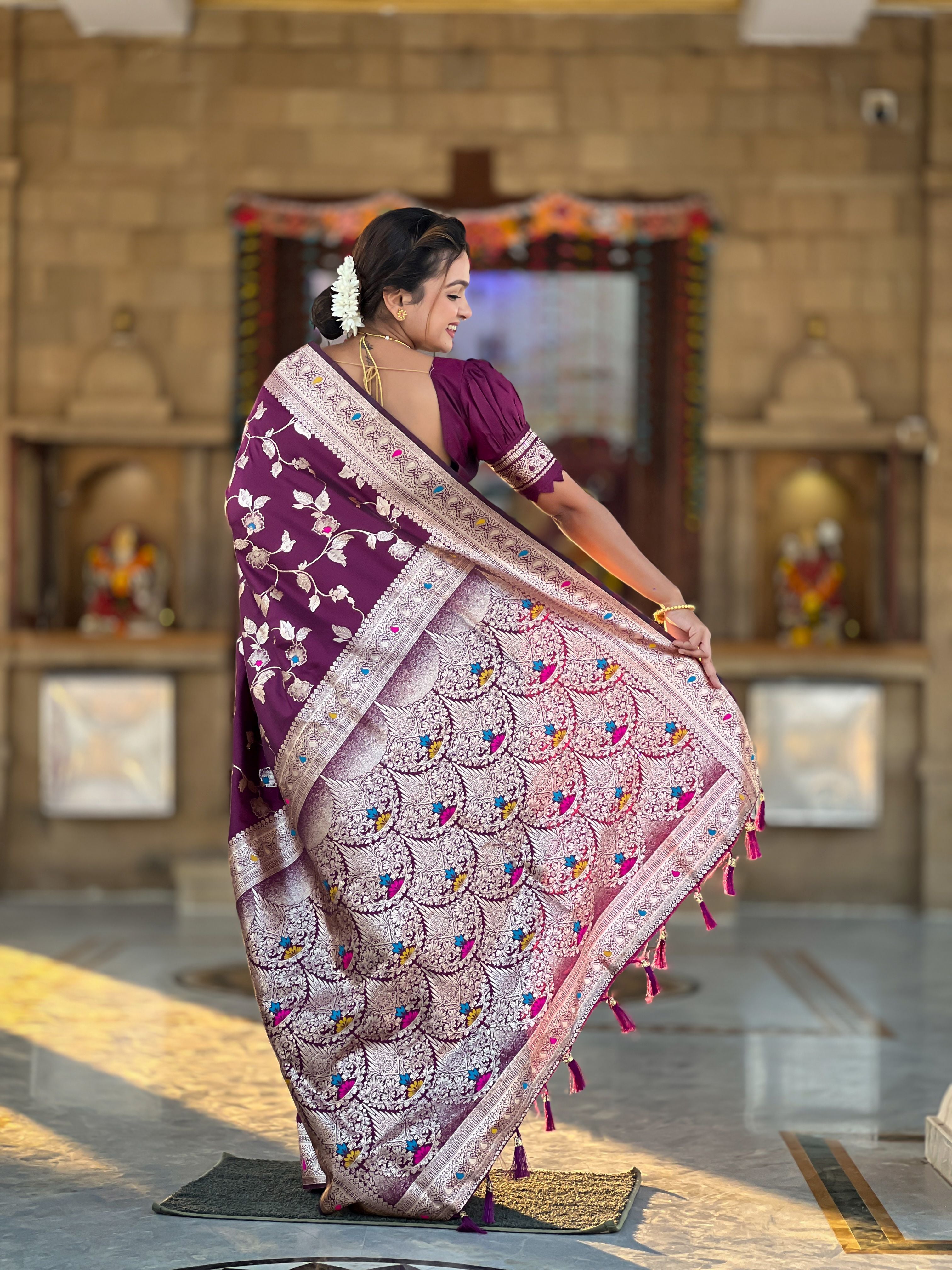 Wine Banarasi Silk Woven Jacquard Designer Ceremonial Partywear Saree