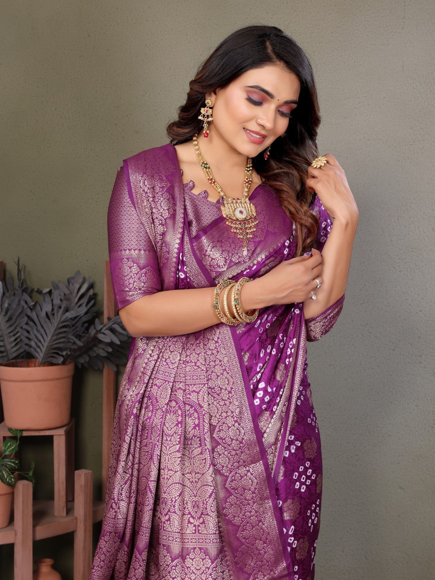 Wine Bandhej Silk Saree With Traditional Zari Weaving