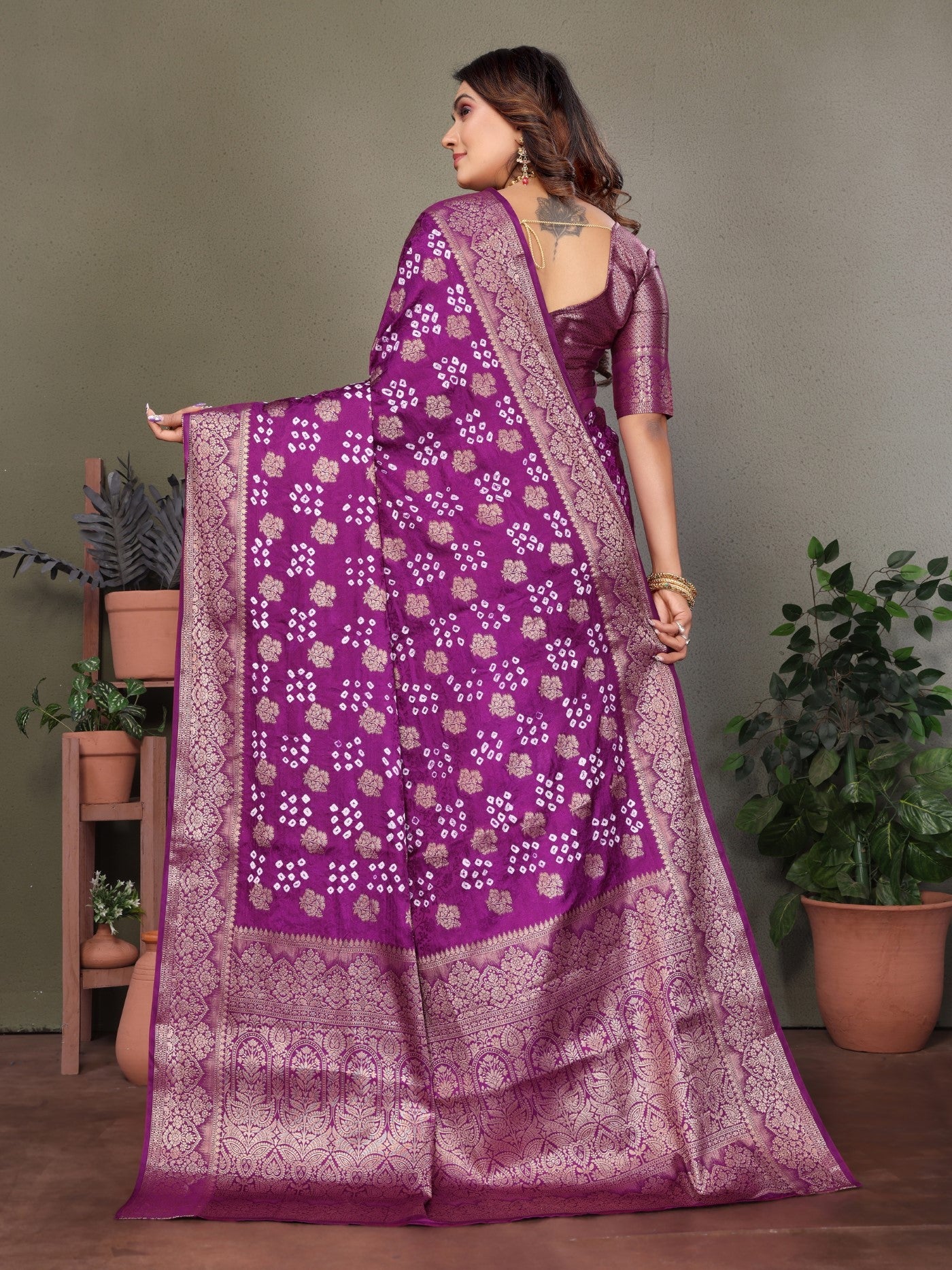 Wine Bandhej Silk Saree With Traditional Zari Weaving