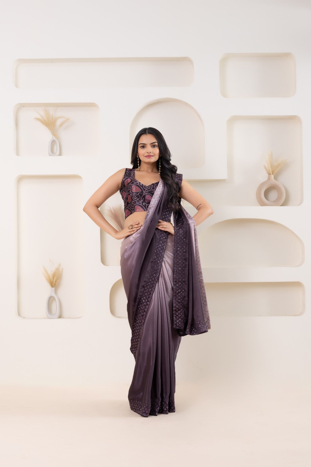 Wine Beautiful Bollywood Style Satin Fabic Ready To Wear Saree