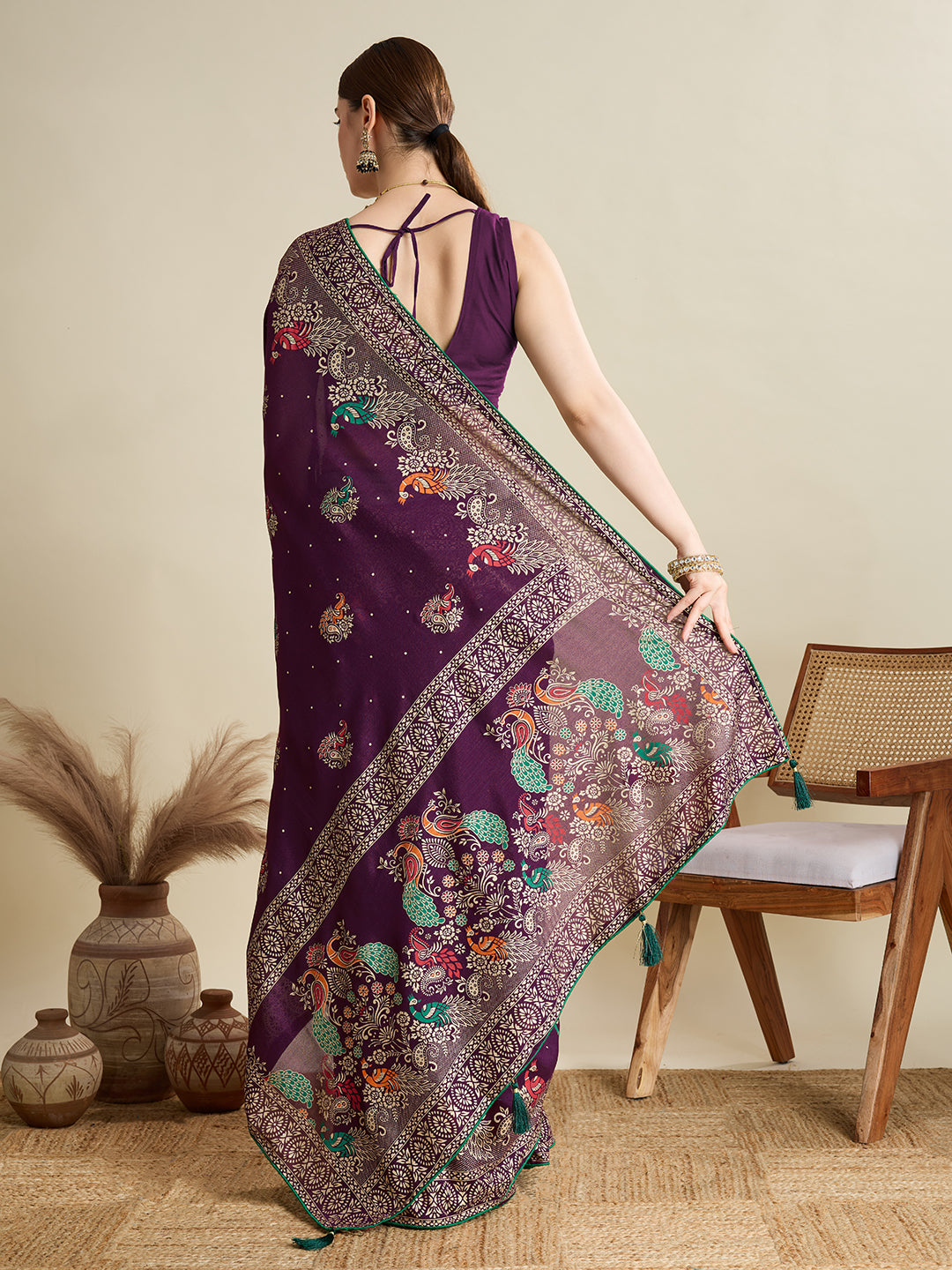 Wine Beautiful Designer Table Printed With Foil Cotton Blended Saree