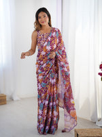 Wine Beautiful Printed Chinon Saree With Stylish Border For Girlie Looks