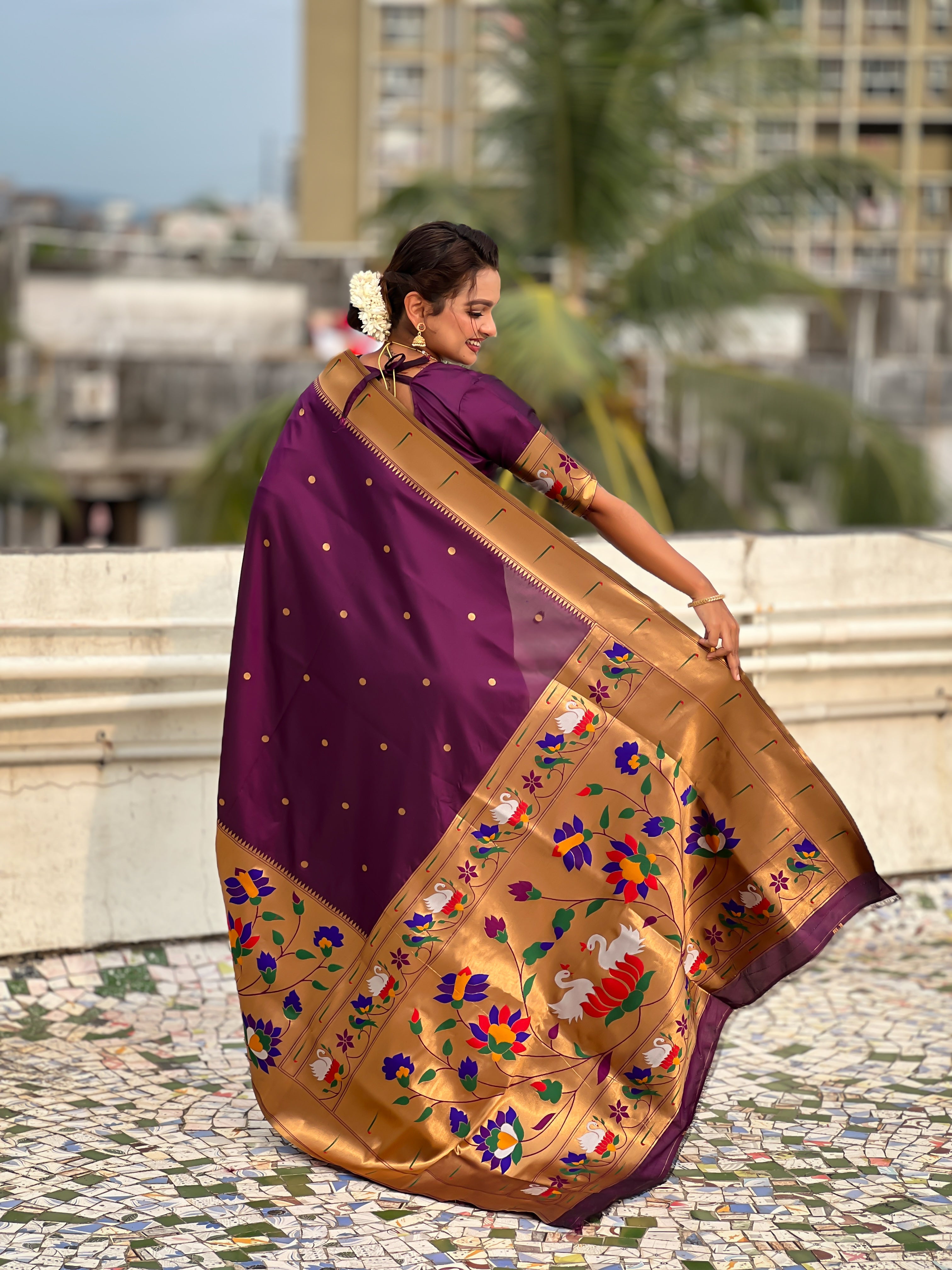 Wine Beautiful Woven Meenakari Polka Designer Paithani Silk Ethnic Graceful Saree