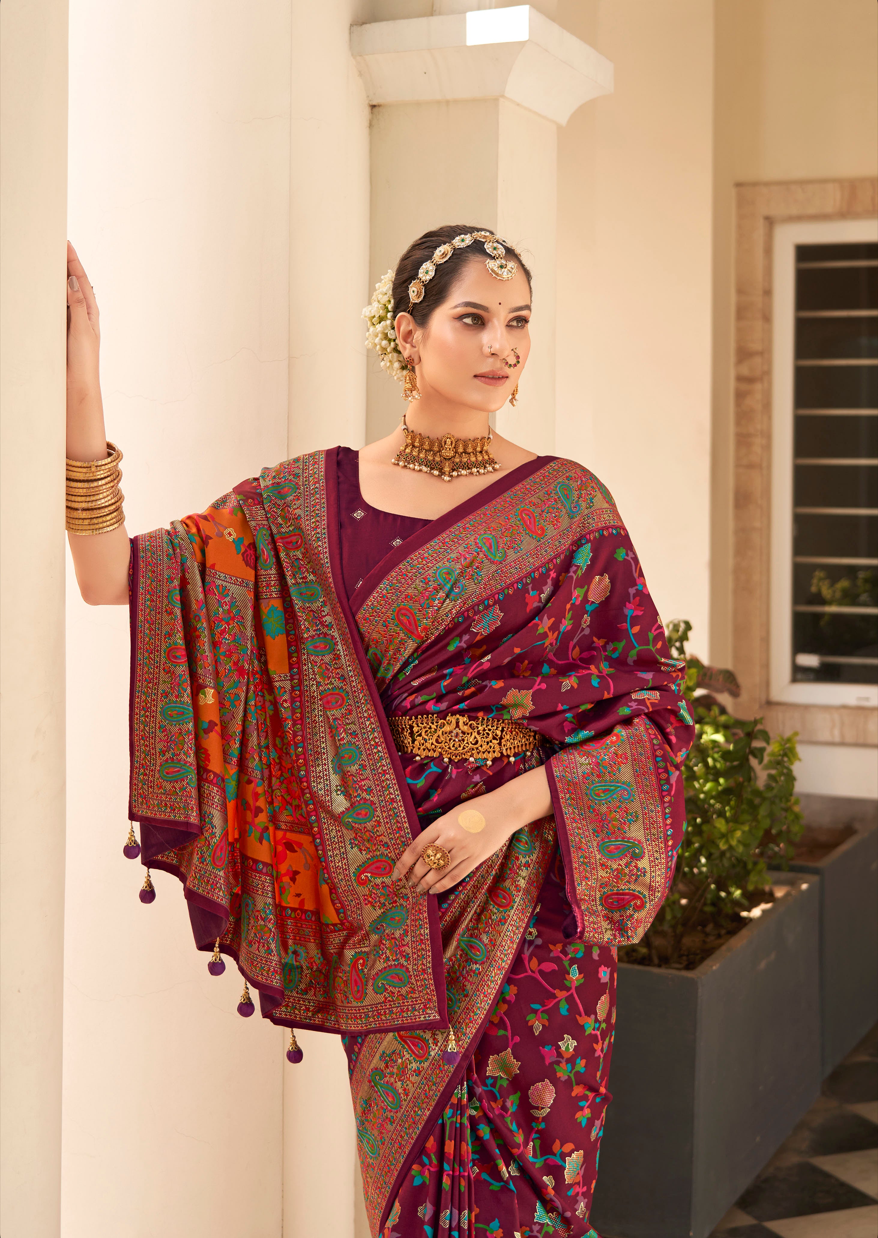 Wine Berry Velvet Tussar Silk Woven Designer With Floral Printed Ethnic Wedding Wear Saree
