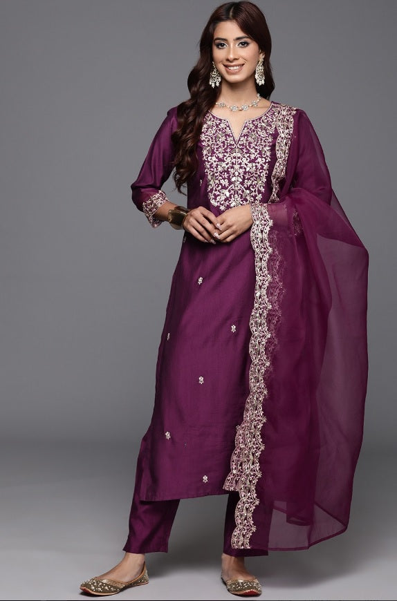 Wine Chanderi Kurta Pant Set With Heavy Thread Embroidered Work
