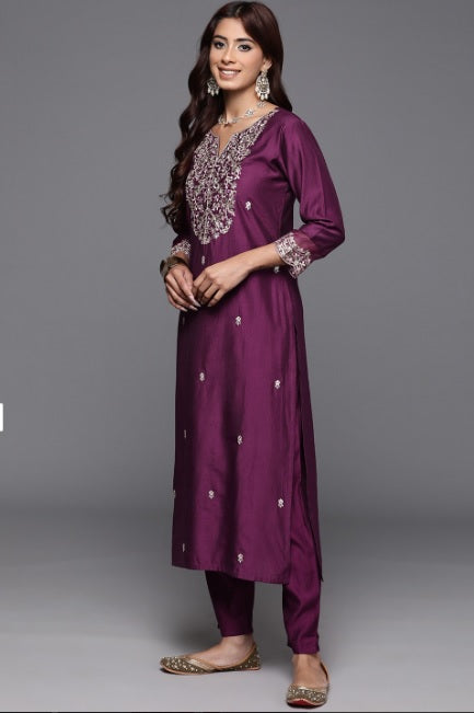 Wine Chanderi Kurta Pant Set With Heavy Thread Embroidered Work
