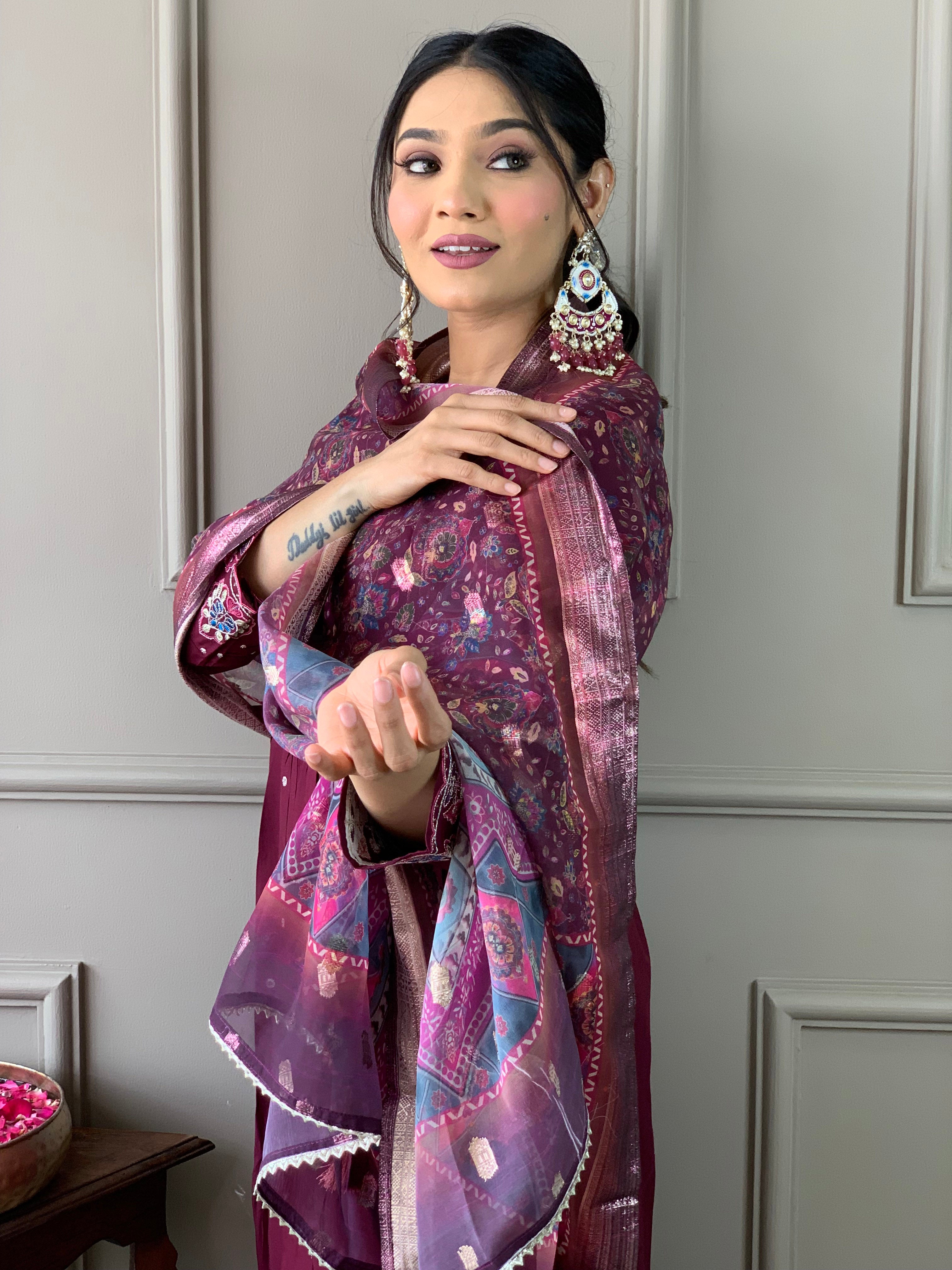 Wine Chanderi Viscose Elegant Kurta Pant Set With Embroidery Work