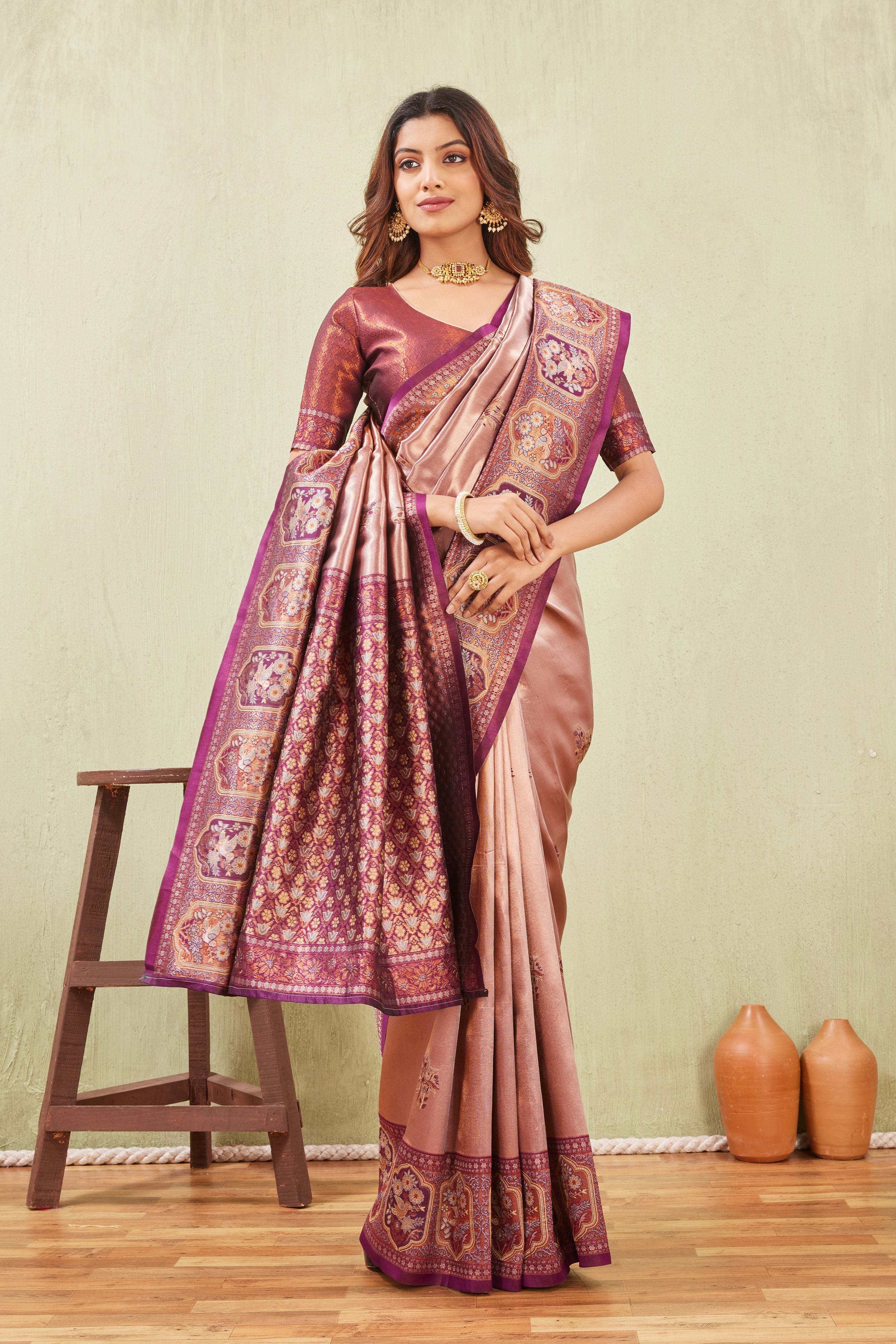 Wine Chiku Banarasi Silk Saree with Rich Pallu & Elegant Jacquard Jari Work