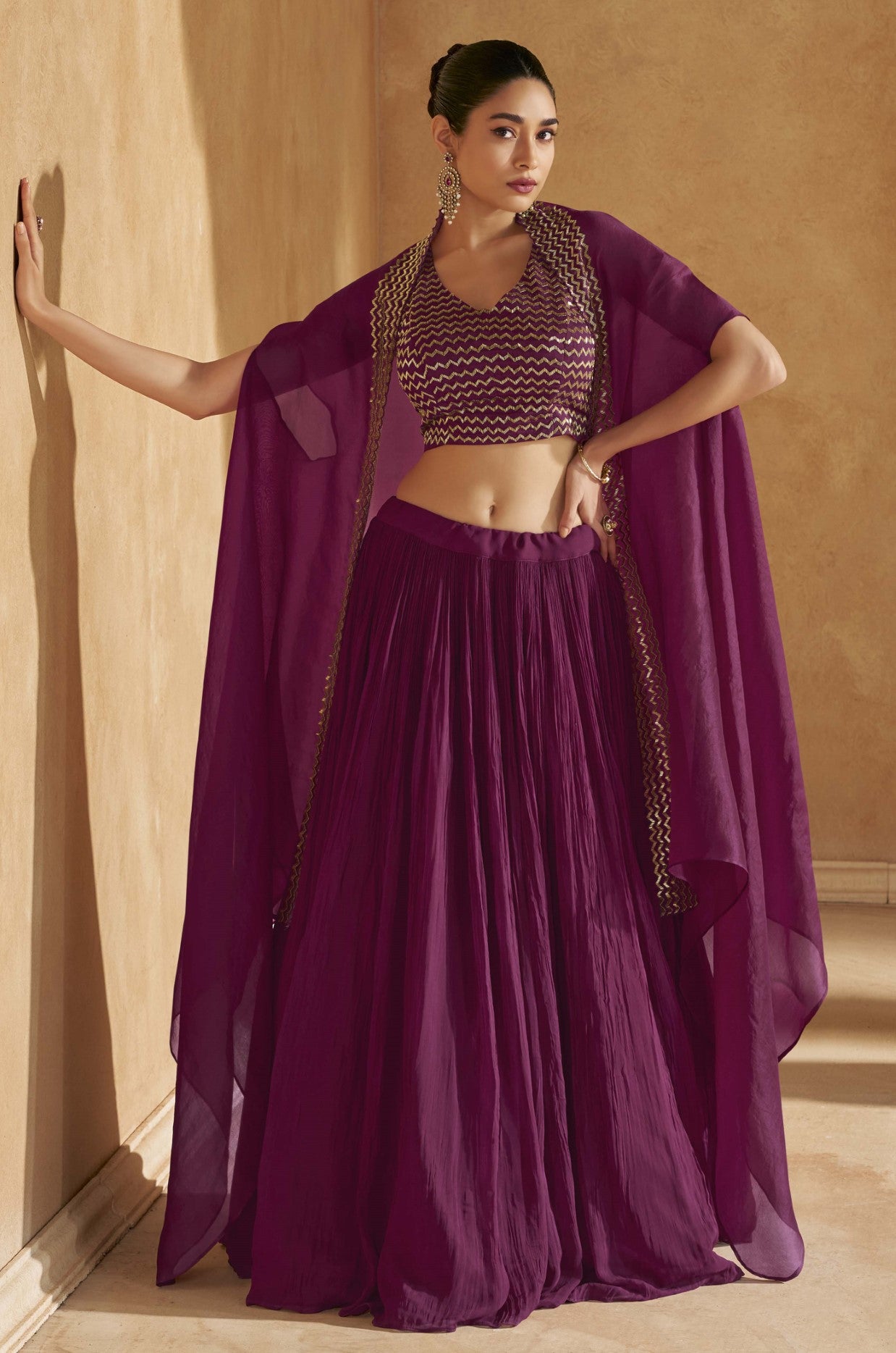 Wine Chinon Silk Lehenga Choli With Handwork Jacket