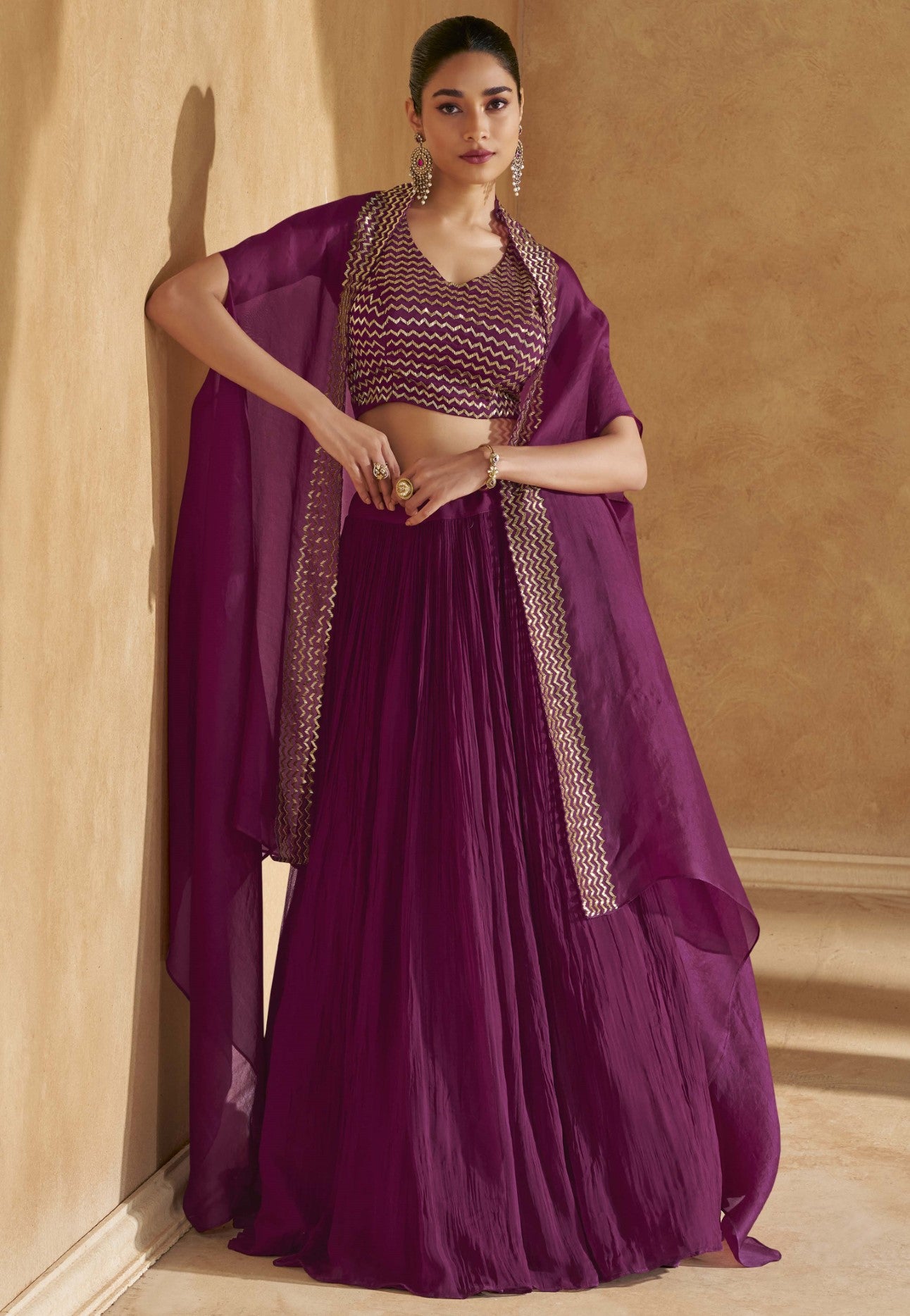 Wine Chinon Silk Lehenga Choli With Handwork Jacket