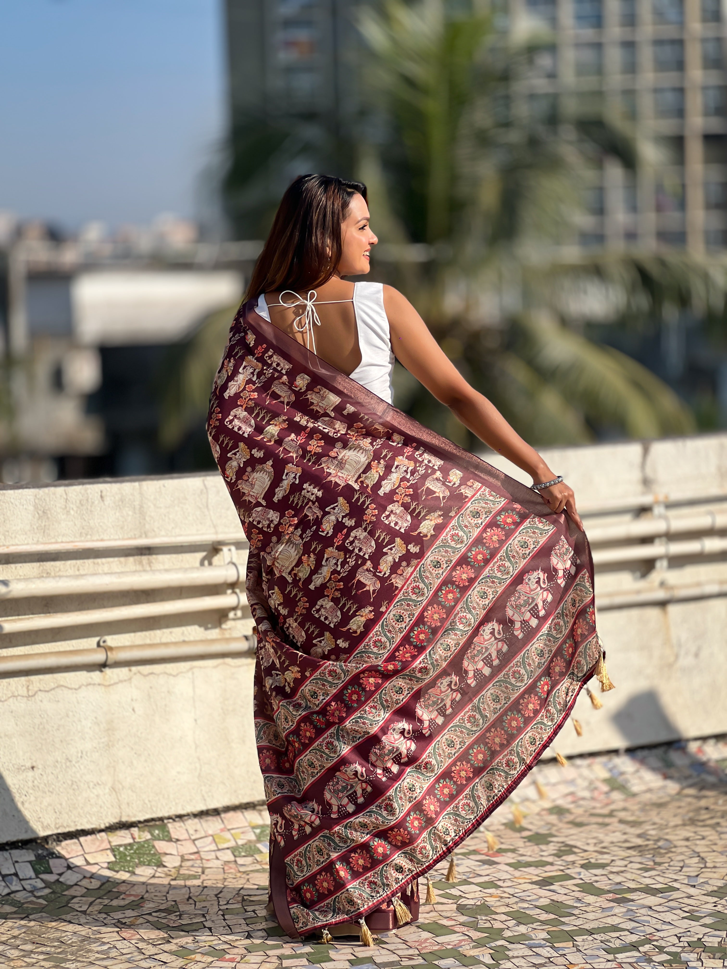 Wine Classic Tussar Silk Saree With Woven And Designer Print Work