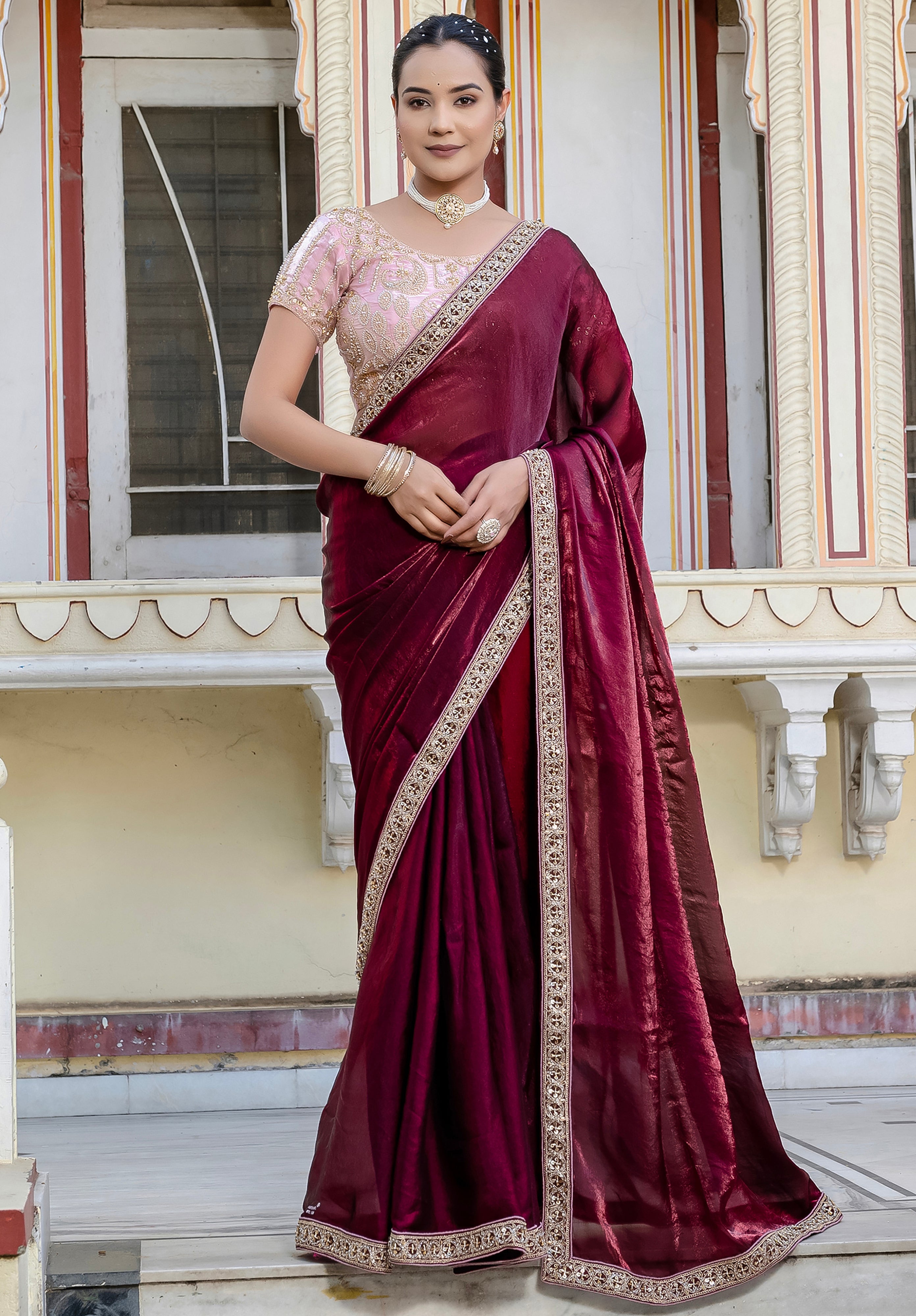 Wine Color  Satin with Velvet Lustre Saree With  Handwork Lace
