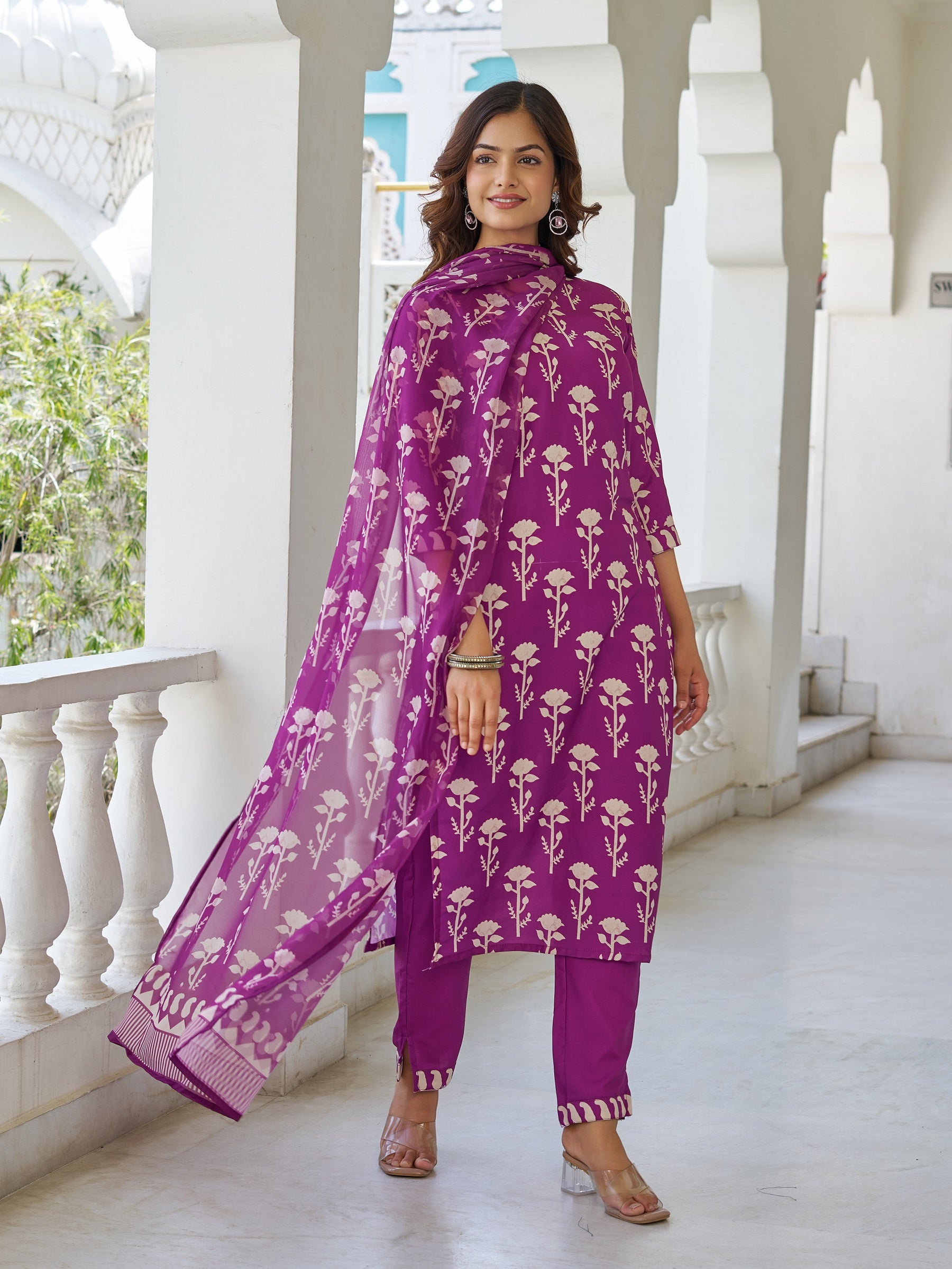 Wine Cotton Blend Kurta Pant Set  Printed