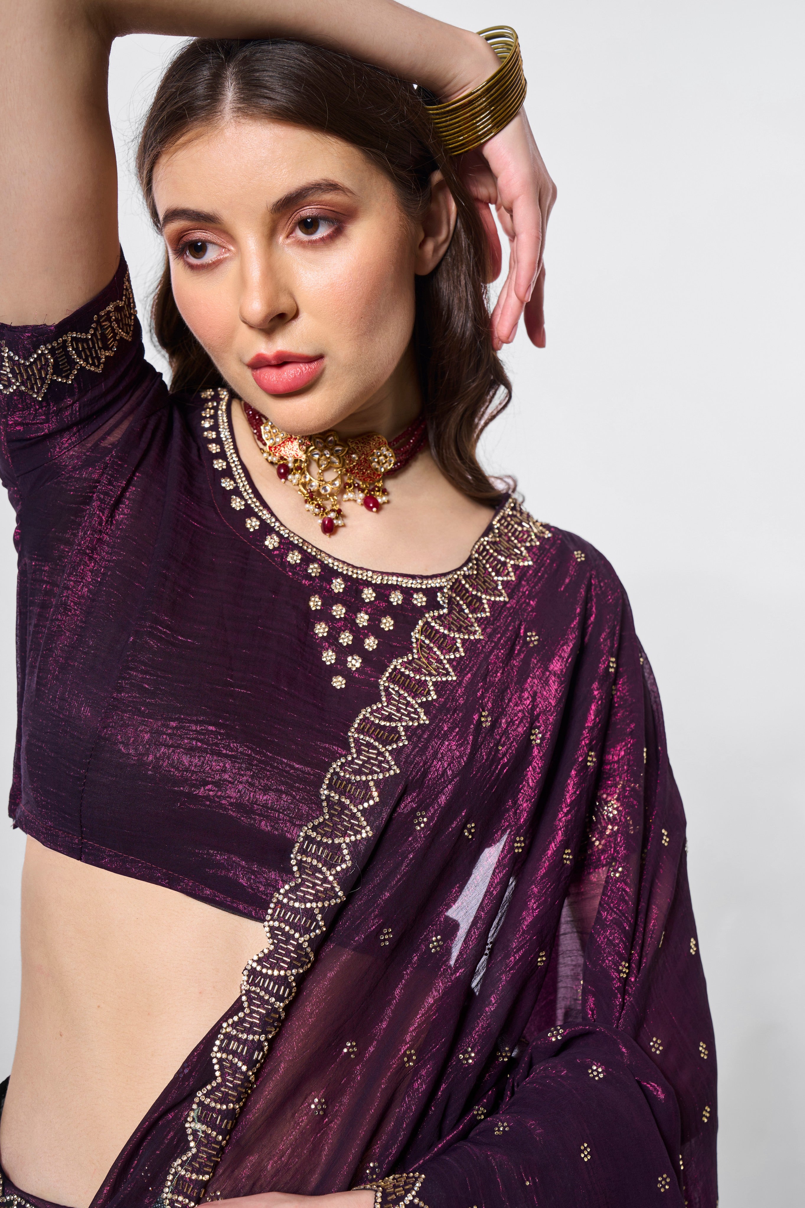Wine Crunchy Chiffon Fabric Designer Embroidery Work Ceremonial Partywear Saree