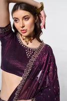 Wine Crunchy Chiffon Fabric Designer Embroidery Work Ceremonial Partywear Saree