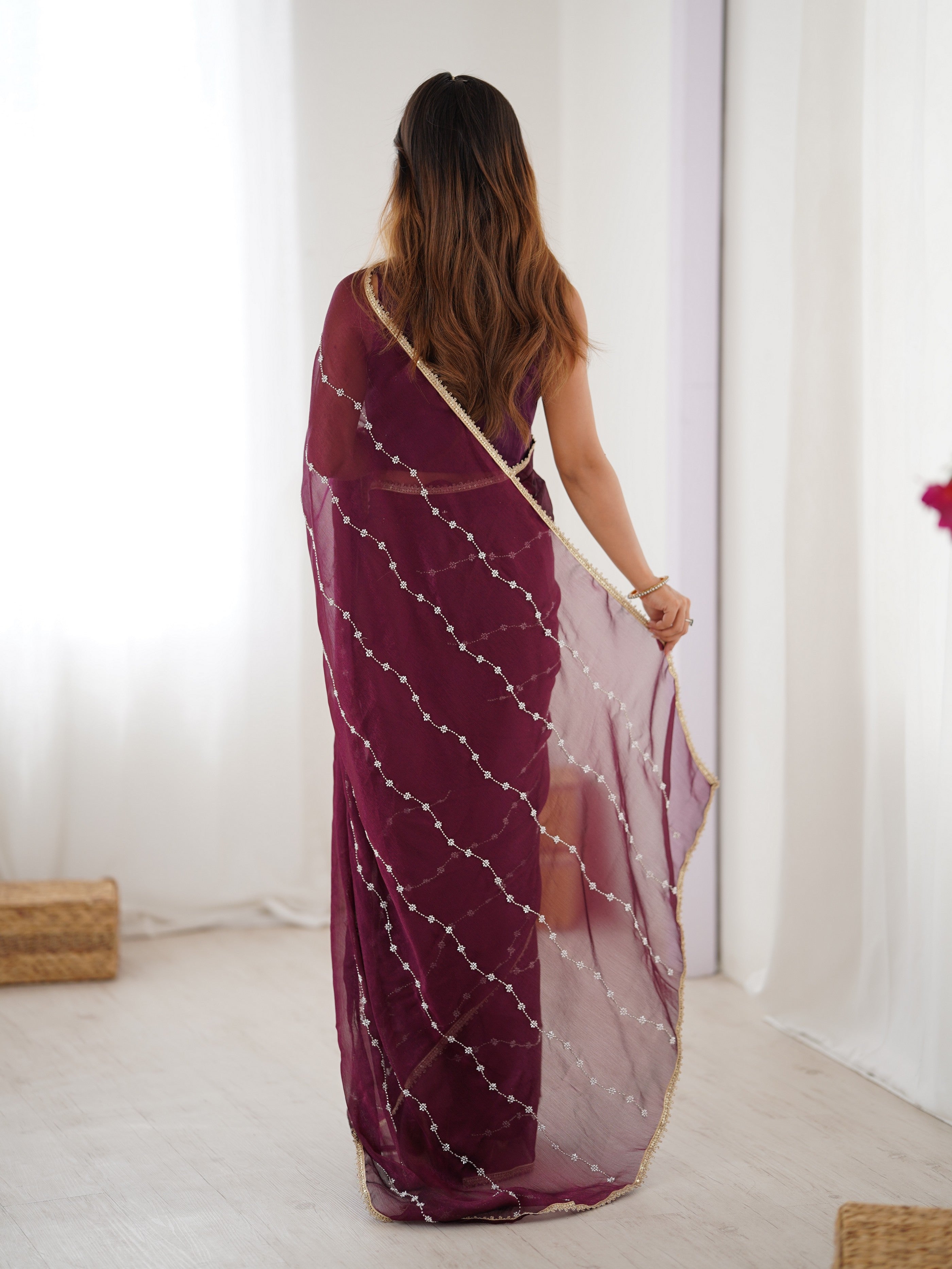 Wine Designer Beads Work Sitara Chiffon Girlie Ceremonial Saree