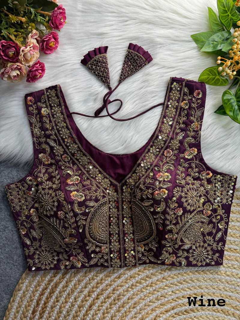 Wine Designer Heavy Handwork V-Neck Bridal Blouse