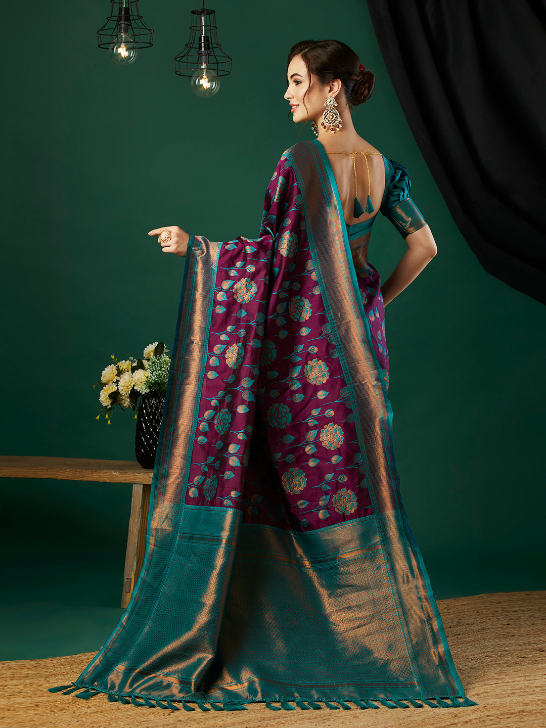 Wine Ethnic Banarasi Silk Saree With Floral Woven Designer Looks
