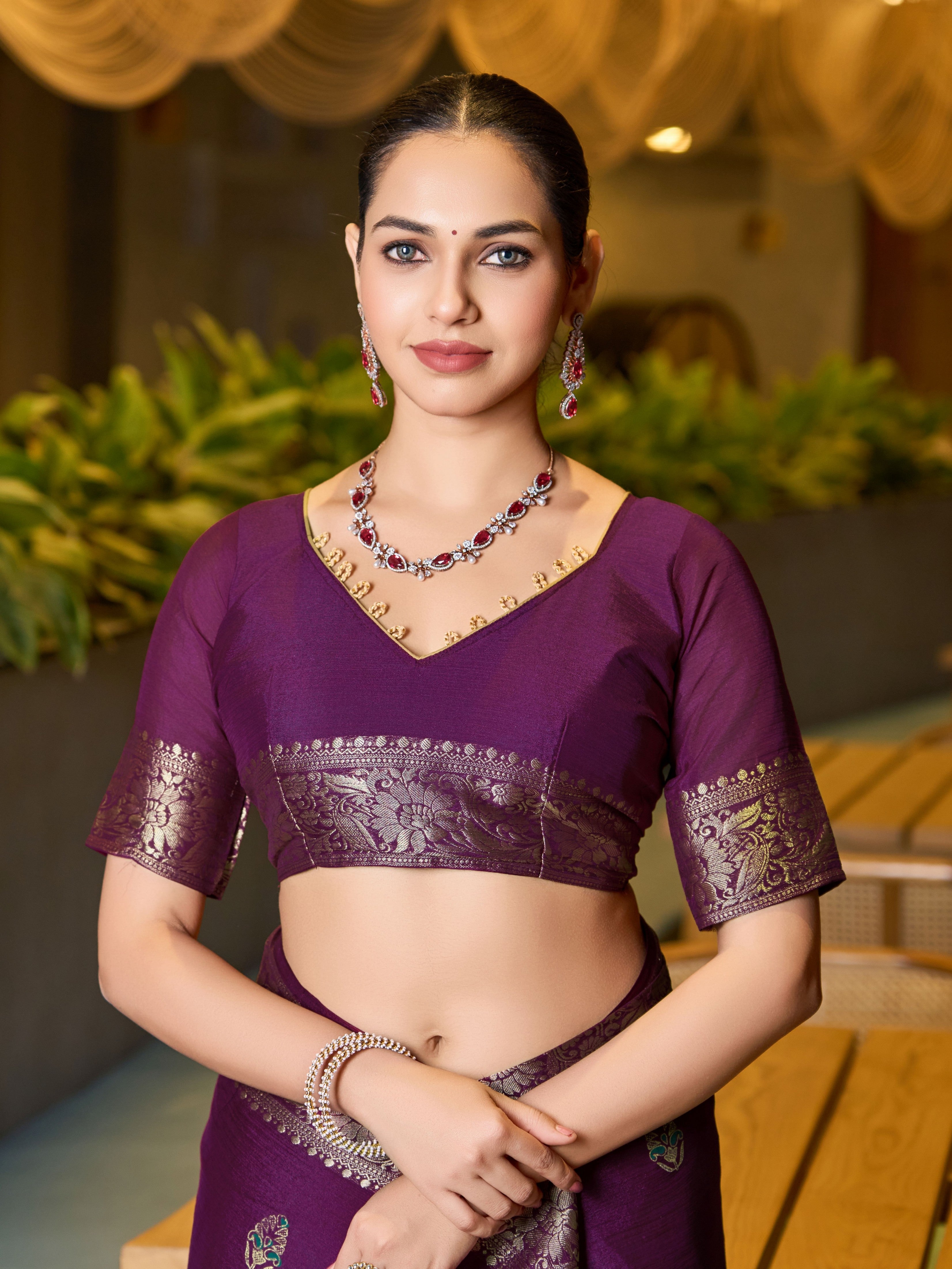 Wine Ethnic Chinon Woven Designer Partywear Saree