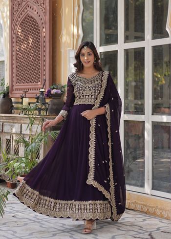 Wine  Faux Blooming  Suit With Embroidery Zari Sequins-work