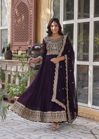 Wine  Faux Blooming  Suit With Embroidery Zari Sequins-work