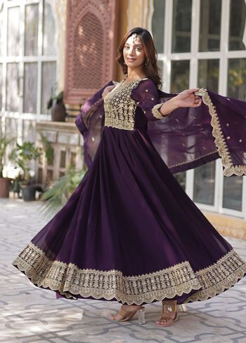 Wine  Faux Blooming  Suit With Embroidery Zari Sequins-work