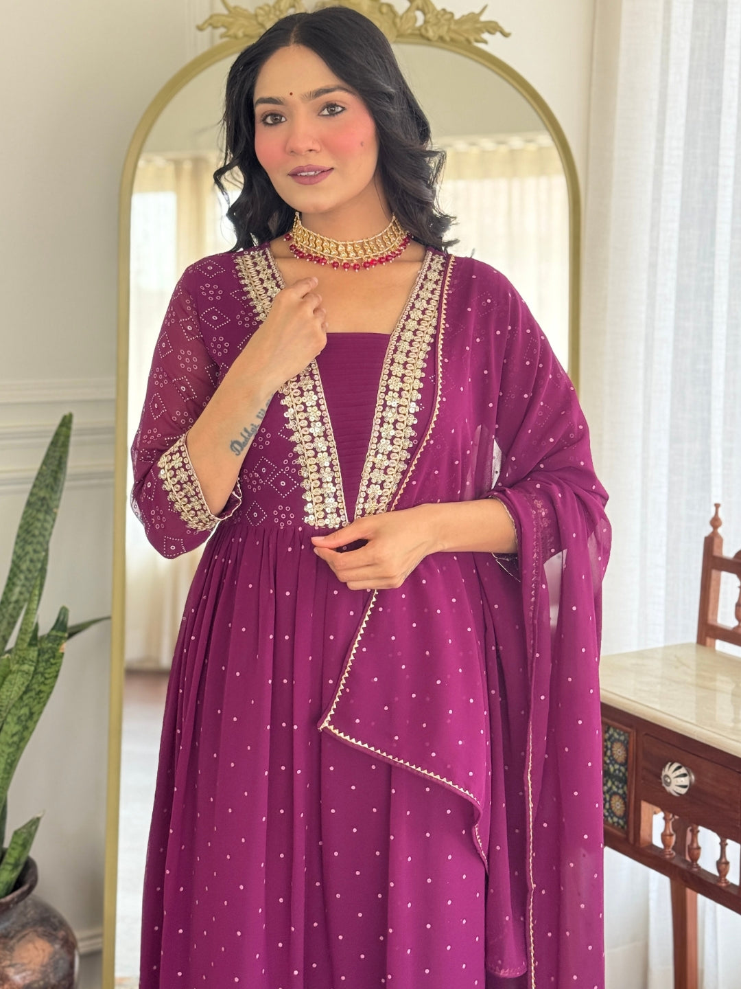 Wine Georgette Elegant Kurta Pant Set With Embroidery Work