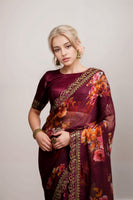 Wine Georgette Floral Printed With Embroidered Border Saree