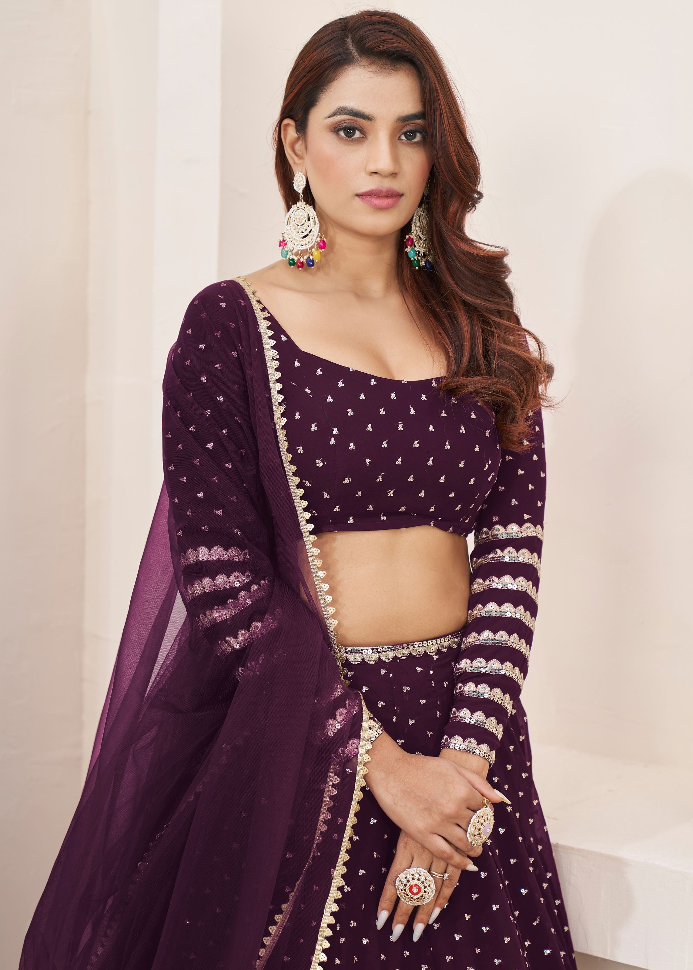 Wine Georgette Lehenga Choli With Zari, Sequins Embroidered Work