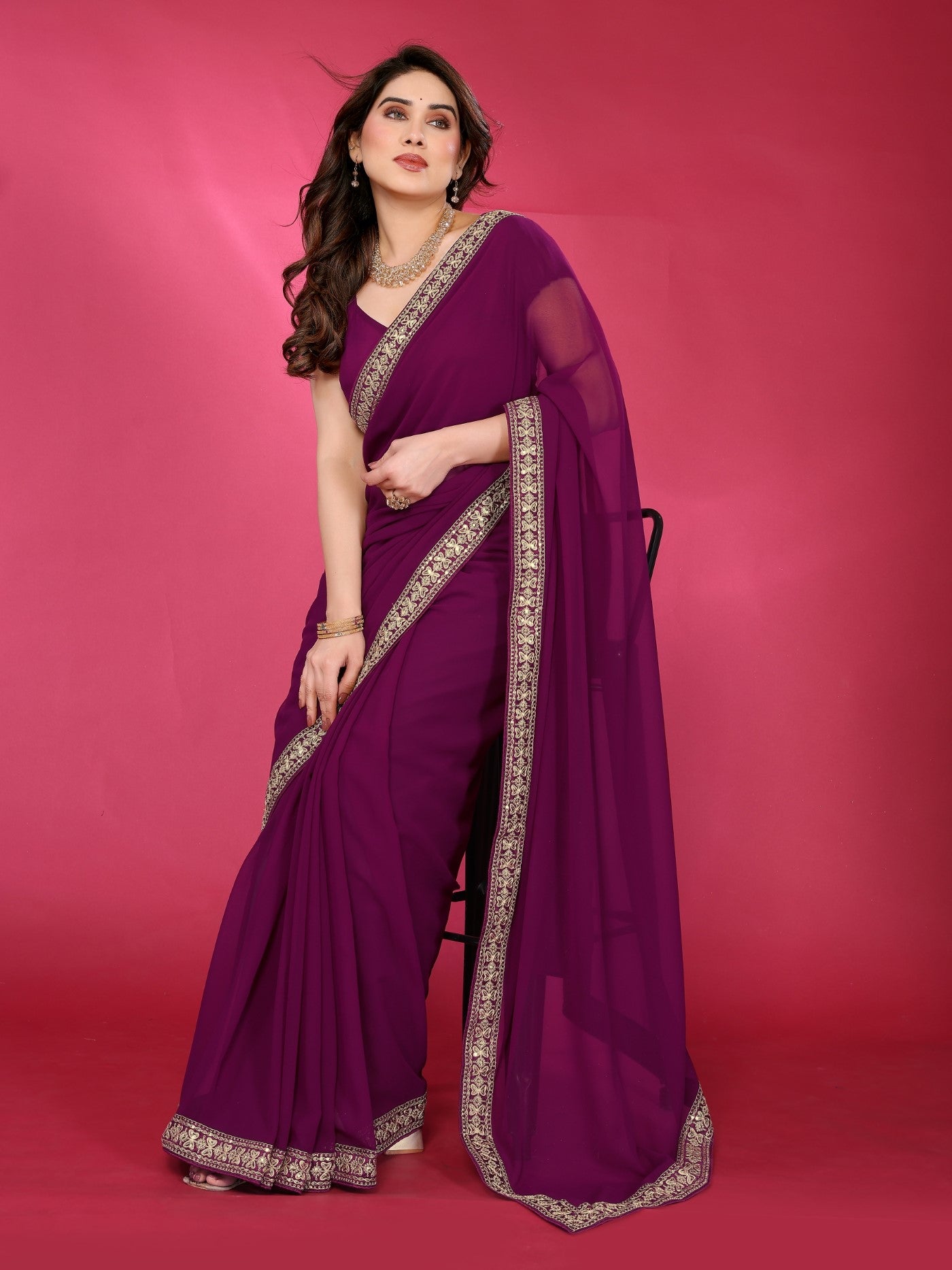 Wine Georgette Saree With Plain Saree With Embroidery Work Lace
