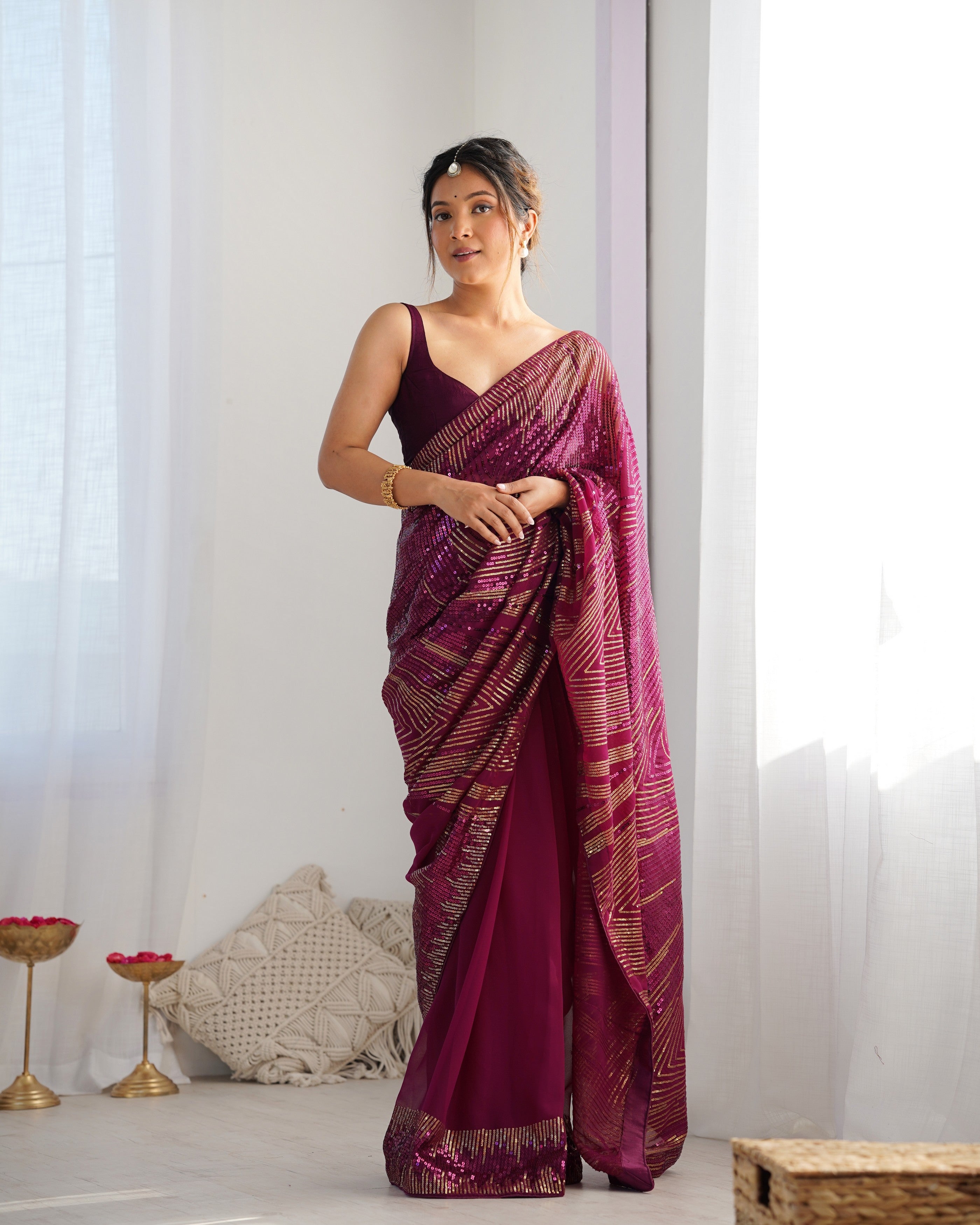 Wine Georgette Sequins Designer Girlie Fancy Saree