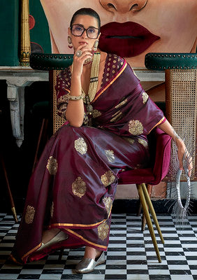 Wine Handloom Satin Saree With  Jacquard Satin Handloom Woven Work