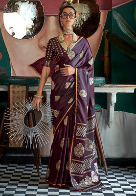 Wine Handloom Satin Saree With  Jacquard Satin Handloom Woven Work