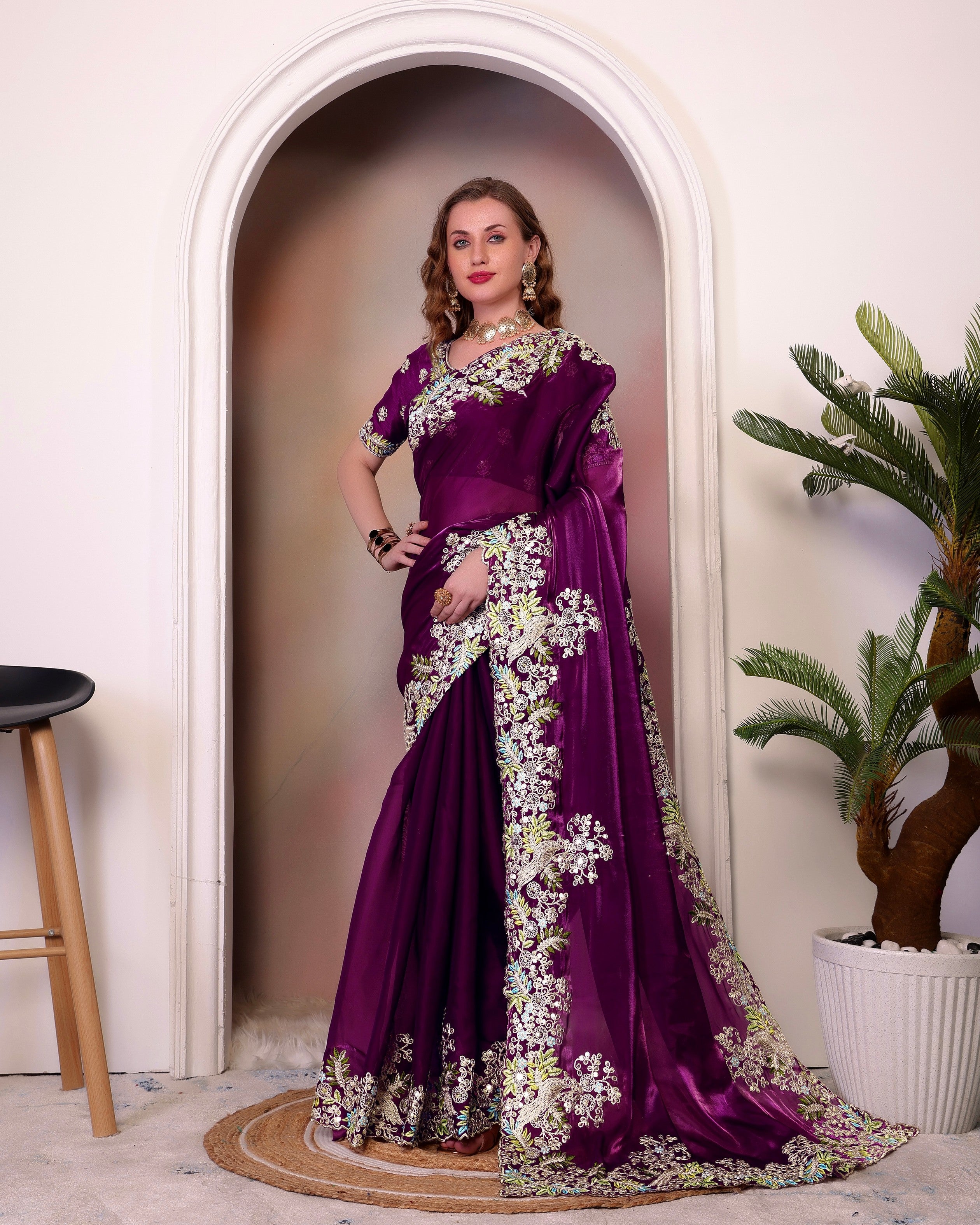 Wine Jimmy Choo Heavy Sequins Work Partywear Saree
