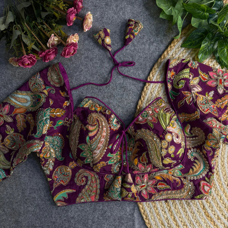 Wine Luxe Masaba-Inspired Silk Blouse with Embroidery & Sequins