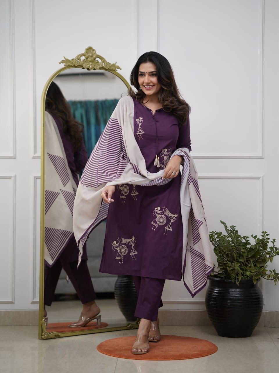 Wine Pure Silk Kurta Pant Set With Heavy Thread Embroidery Work With Printed Dupatta