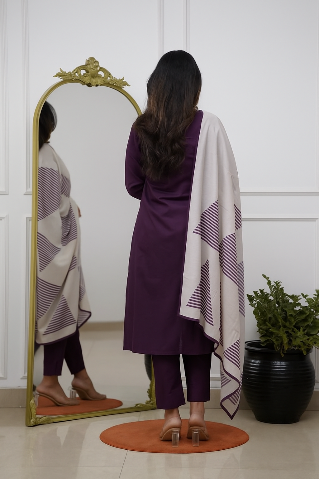 Wine Pure Silk Kurta Pant Set With Heavy Thread Embroidery Work With Printed Dupatta