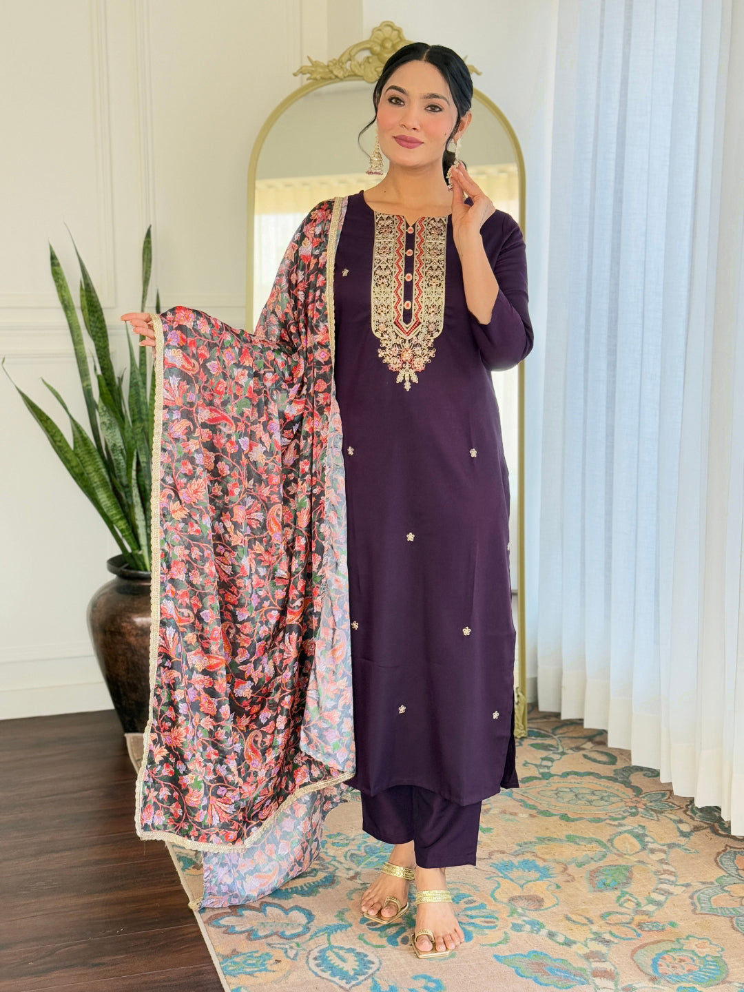 Wine Rayon Elegant Kurta Pant Set With Embroidery Work