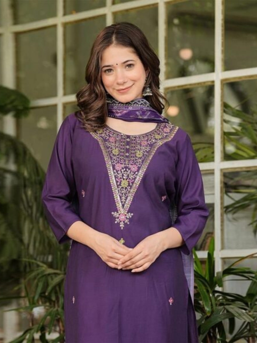 Wine Rayon Slub Elegant Kurta Pant Set With Embroidery Work