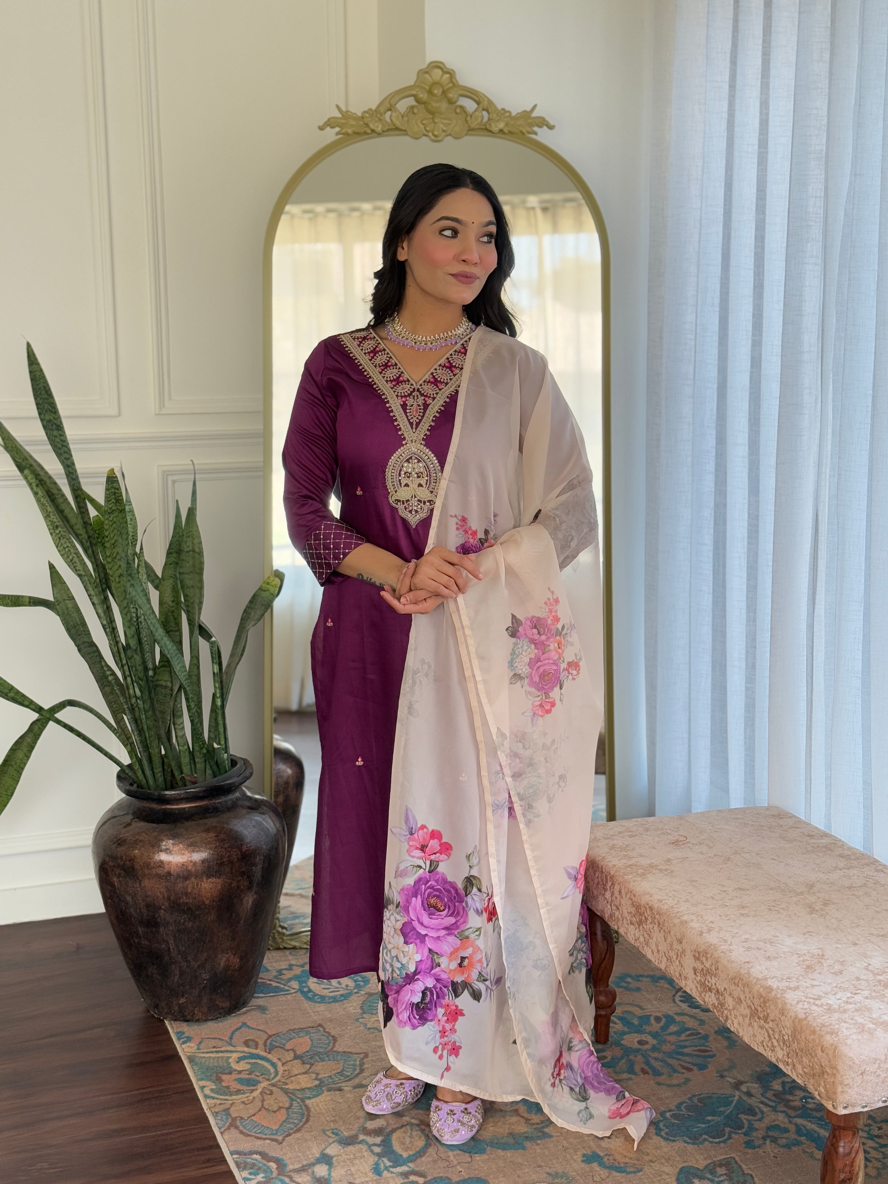 Wine Rayon Slub Elegant Kurta Pant Set With Embroidery Work